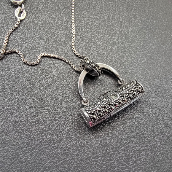 925 Sterling Silver Jewelry - 925 Marcasite Purse Pendant Necklace | 925 Italy Chain | Hinged Openwork Design